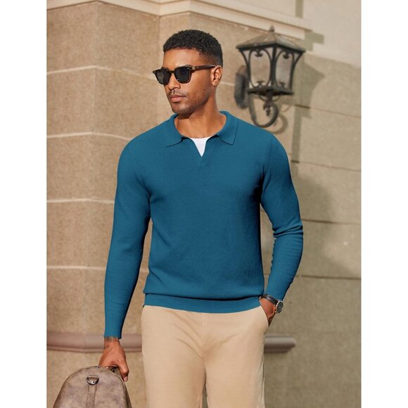 Men's Knit Polo Long Sleeve V-Neck Pullover Sweaters Collared Knitted Blue - Picture 4 of 6